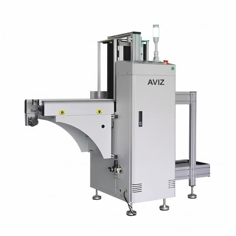 AVIZ Auto Shape PCB Loader Unloader for Board Transfer Control - تحميل وتفريغ ونقل وتخزين PCB المؤقت AVIZ Auto Shape PCB Loader Unloader for Board Transfer Control منظر المعدة ضمن حركة PCB مستقرة بين مراحل العملية