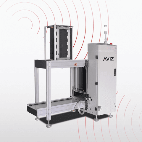 AVIZ Multi Rack PCB Loader for Board Transfer Control RFQ Profile 2 - تحميل وتفريغ ونقل وتخزين PCB المؤقت AVIZ Multi Rack PCB Loader for Board Transfer Control RFQ Profile 2 منظر المعدة ضمن حركة PCB مستقرة بين مراحل العملية