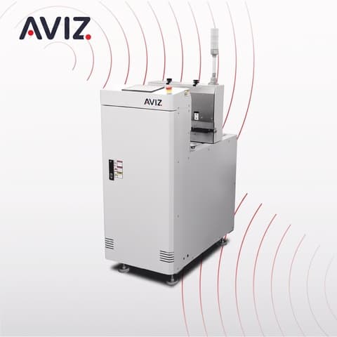 AVIZ Stacker PCB Loader Unloader for Board Transfer Control - تحميل وتفريغ ونقل وتخزين PCB المؤقت AVIZ Stacker PCB Loader Unloader for Board Transfer Control منظر المعدة ضمن حركة PCB مستقرة بين مراحل العملية