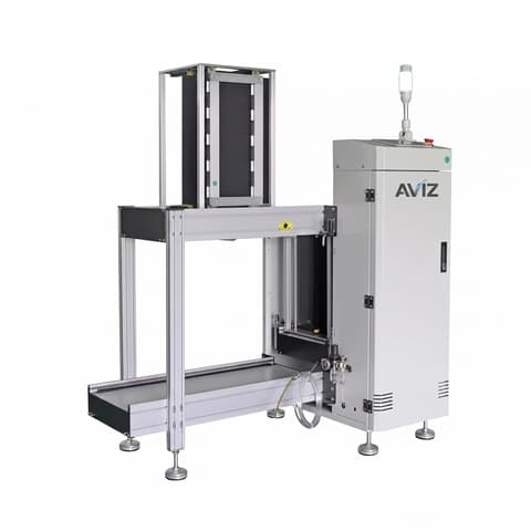 AVIZ Vacuum Magazine PCB Loader for Board Transfer Control RFQ Profile 2 - تحميل وتفريغ ونقل وتخزين PCB المؤقت AVIZ Vacuum Magazine PCB Loader for Board Transfer Control RFQ Profile 2 منظر المعدة ضمن حركة PCB مستقرة بين مراحل العملية